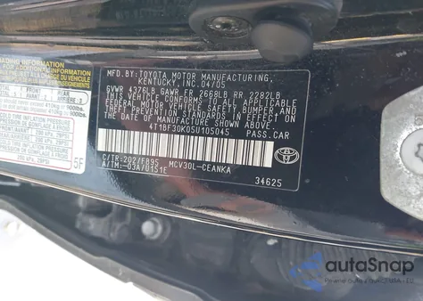 2005 Toyota Camry Le V6 z USA, uszkodzony, nr VIN 4T1BF30K05U105045